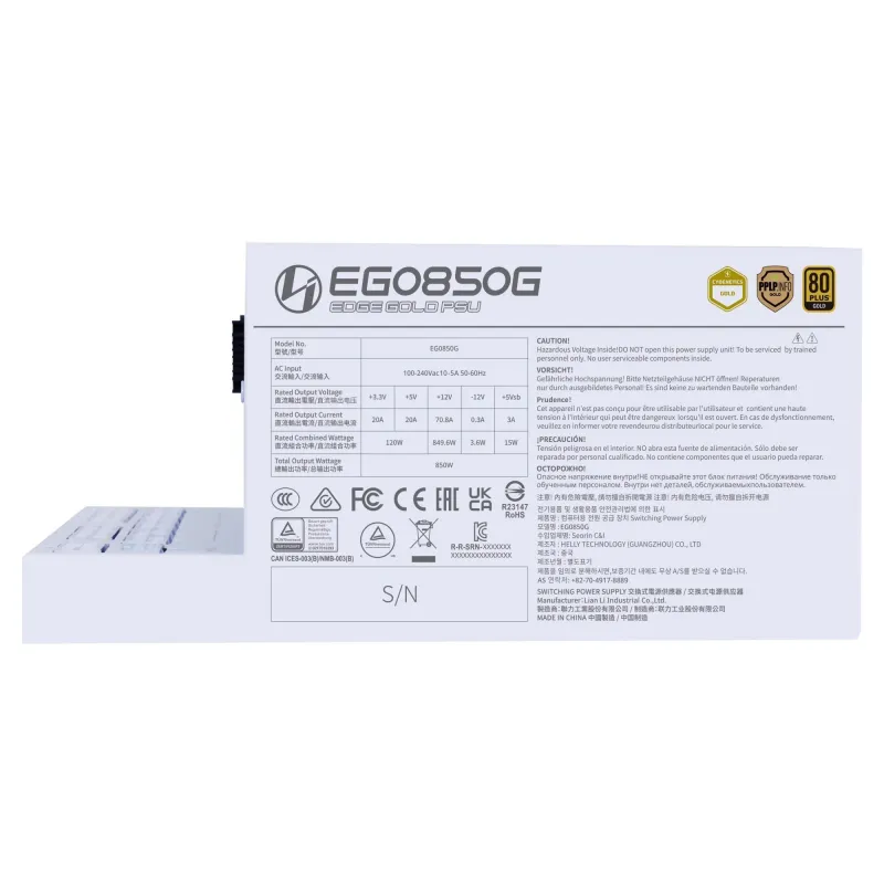 Power Supply-LIAN LI-EDGE GOLD 850-850 Watts-Efficiency 80 PLUS GOLD-PFC Active-G9P.EG0850G.W000.EU