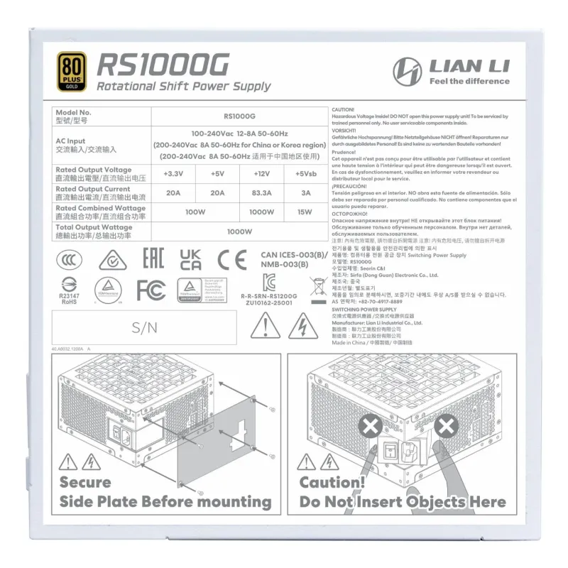 Power Supply-LIAN LI-EDGE GOLD 1000-ATX-100 - 240 V-1000 W-G9P.RS1000G.WH00.EU