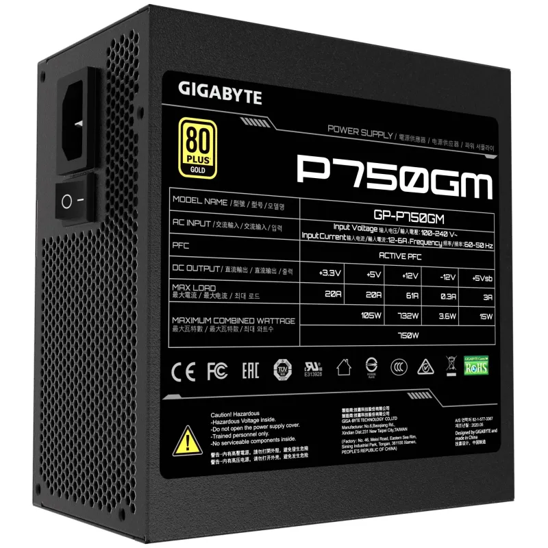 Power Supply-GIGABYTE-GP-P750GM-750 Watts-Efficiency 80 PLUS GOLD-PFC Active-MTBF 100000 hours-GP-P750GM