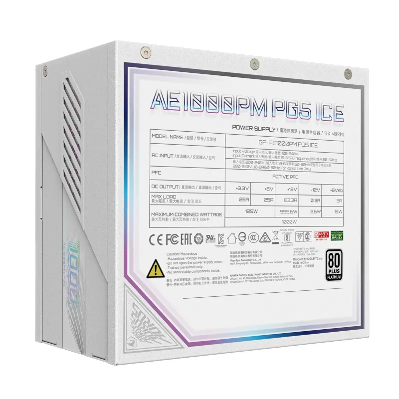 Power Supply-GIGABYTE-GP-AE1000PM PG5 ICE-1000 Watts-Efficiency 80 PLUS PLATINIUM-PFC Active-MTBF 100000 hours-GP-AE1000PMPG5ICE