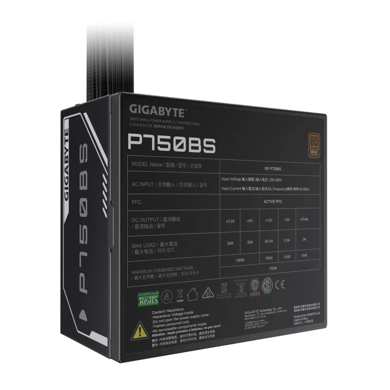 Power Supply-GIGABYTE-GP-P750BS-750 Watts-Efficiency 80 PLUS BRONZE-PFC Active-MTBF 100000 hours-GP-P750BS