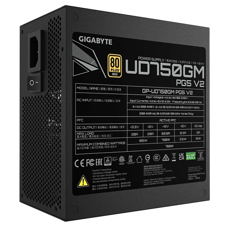 Power Supply-GIGABYTE-UD750GM PG5 V2-ATX 3.1-750 Watts-Efficiency 80 PLUS GOLD-PFC Active-MTBF 100000 hours-GP-UD750GMPG5V2