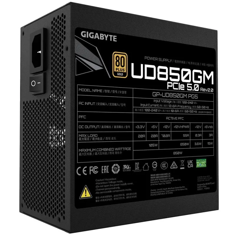 Power Supply-GIGABYTE-UD850GM PG5 V2-ATX 3.1-850 Watts-Efficiency 80 PLUS GOLD-PFC Active-MTBF 100000 hours-GP-UD850GMPG5V2