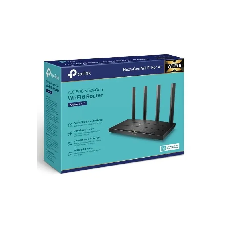Wireless Router-TP-LINK-Wireless Router-1500 Mbps-Wi-Fi 6-1 WAN-3x10-100-1000M-Number of antennas 4-ARCHERAX17