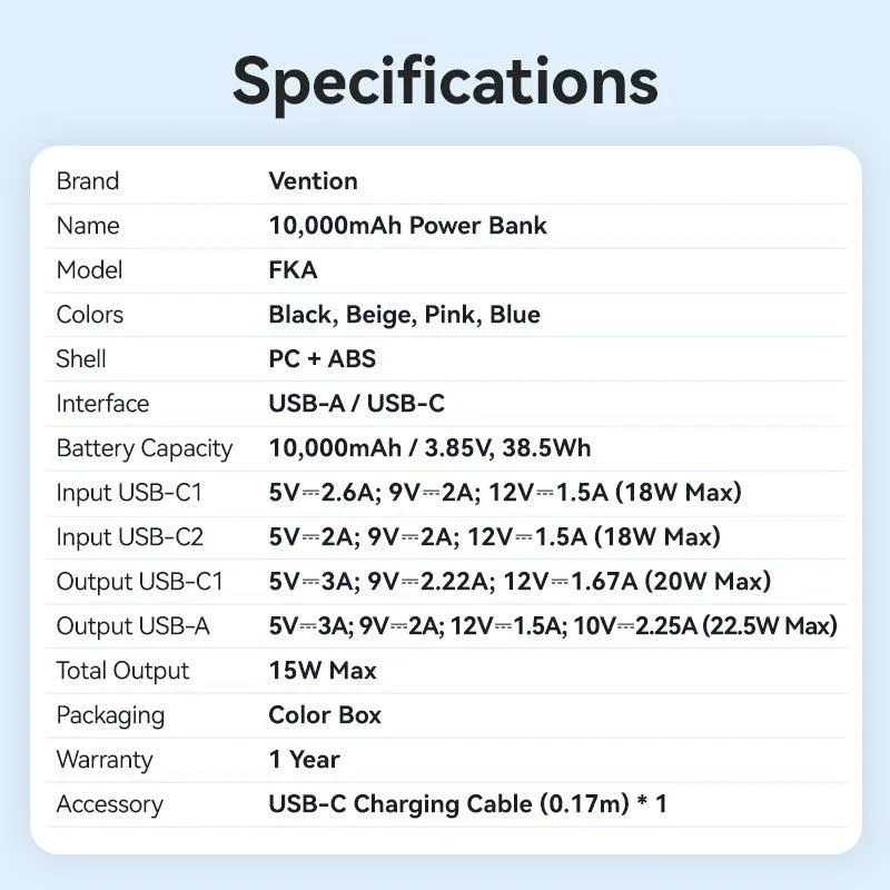 Power bank usb 10000mah 22.5w-blue fkal0-c vention