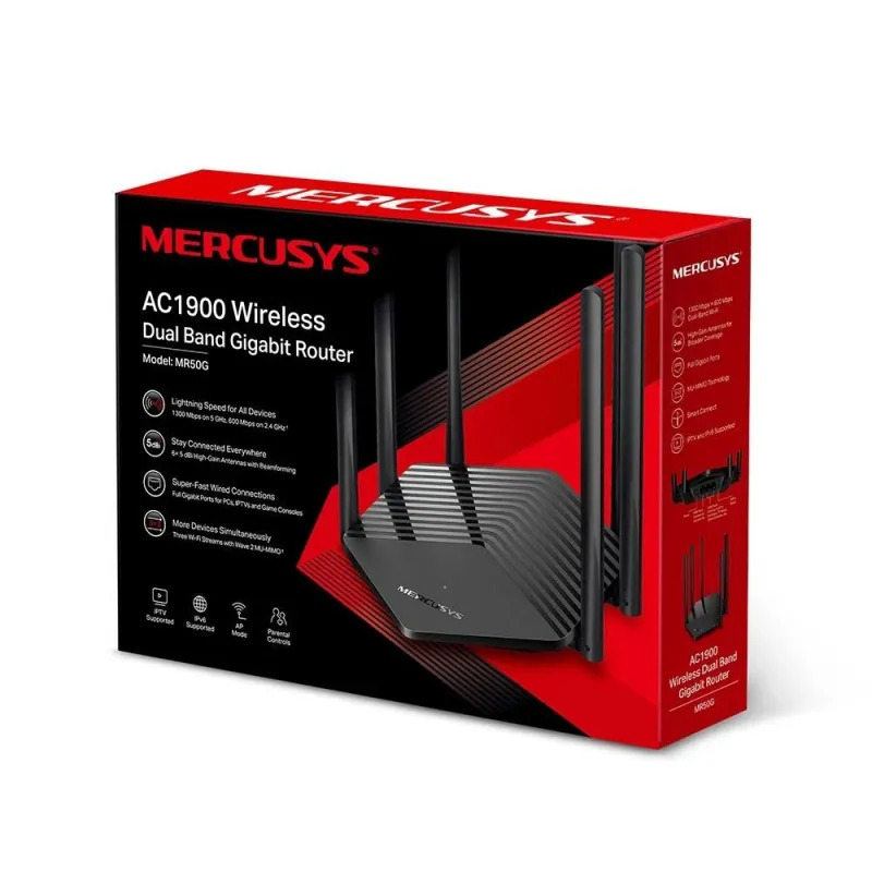 Wireless Router-MERCUSYS-1900 Mbps-1 WAN-2x10-100-1000M-Number of antennas 6-MR50G