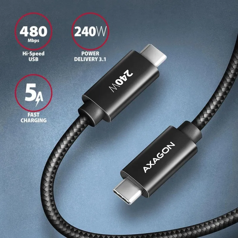 AXAGON Data and charging USB 480Mbps cable, 2.5 m - BUCM2-CM25AB - USB-C to USB-C