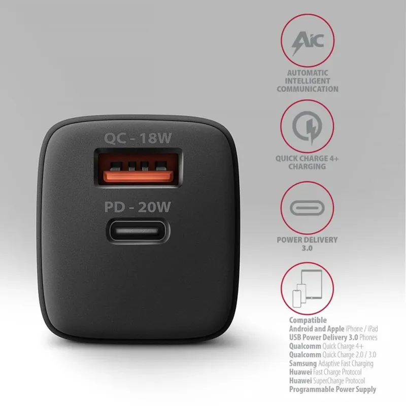 Mobile charger wall usb 20w-2port black acu-pq20 axagon