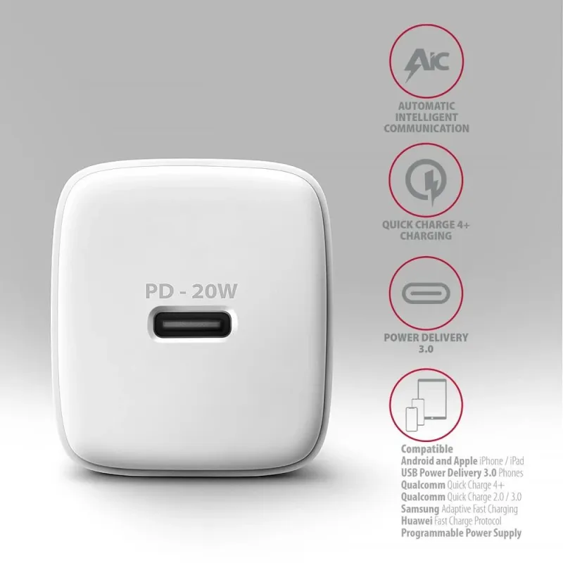 AXAGON Wallcharger 1x port USB-C, PD3.0 - PPS -QC4+-AFC-FCP-Apple, 20W - ACU-PD20W