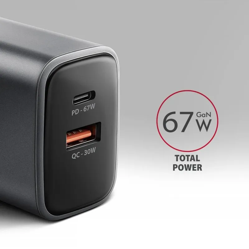 Mobile charger wall usb 67w-gan 2port acu-pq67 axagon