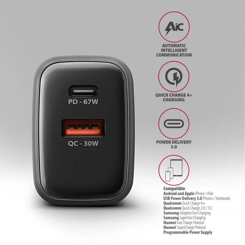 Mobile charger wall usb 67w-gan 2port acu-pq67 axagon