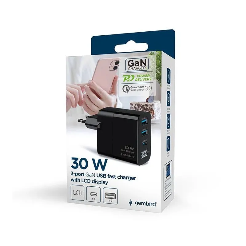Charger usb 30w 3port-ta-uc-pdqc30lcd-bk-02 gembird