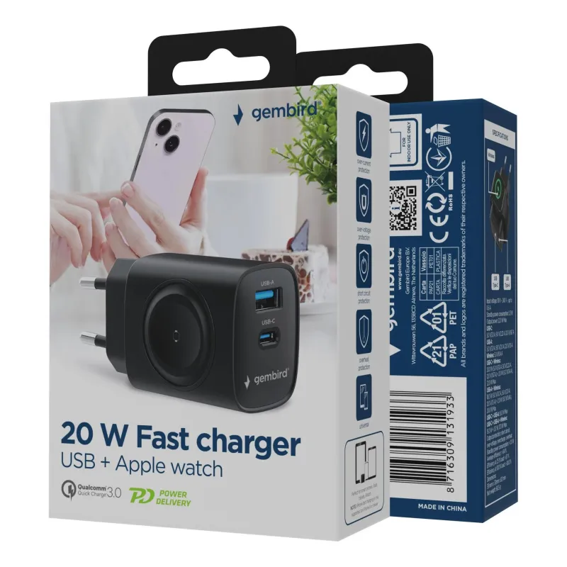 Charger usb 2in1 20w 2port-ta-uc-pdqcw20-01-bk gembird