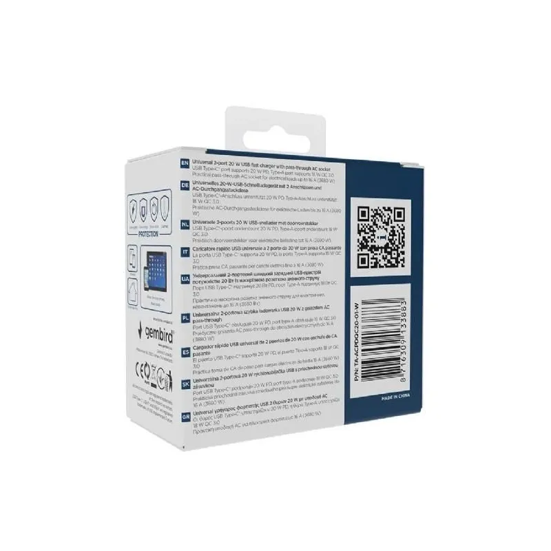 Charger usb universal 20w wht-2p ac ta-acpdqc20-01-w gembird