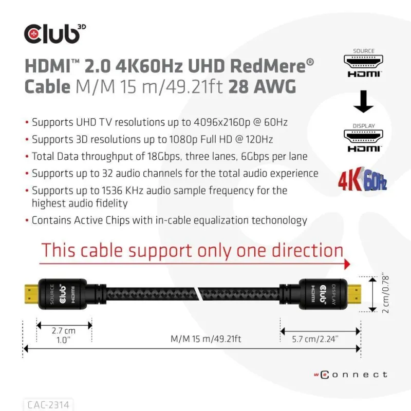 Cable hdmi 15m-m-m cac-2314 club3d