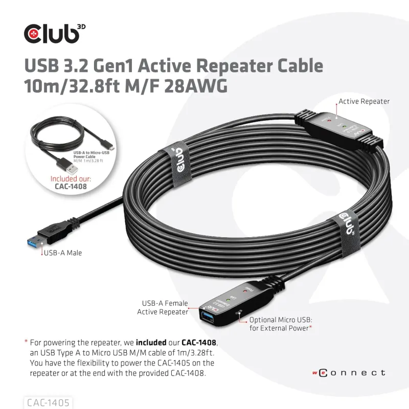 Cable usb3.2 repeater 10m-m-f cac-1405 club3d