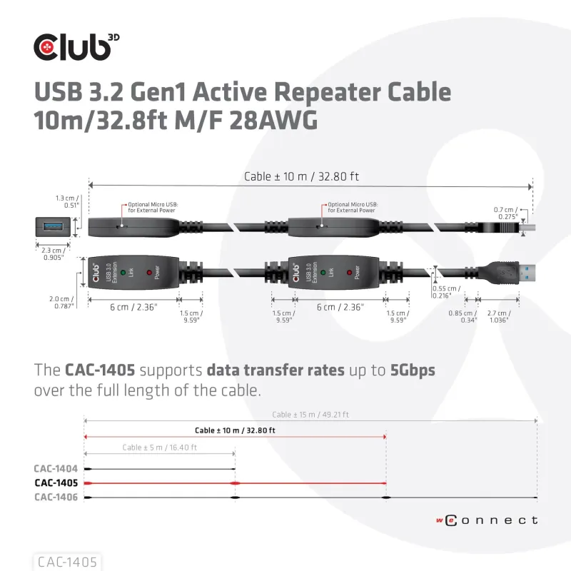 Cable usb3.2 repeater 10m-m-f cac-1405 club3d
