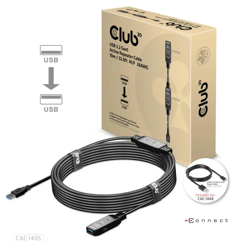 Cable usb3.2 repeater 10m-m-f cac-1405 club3d