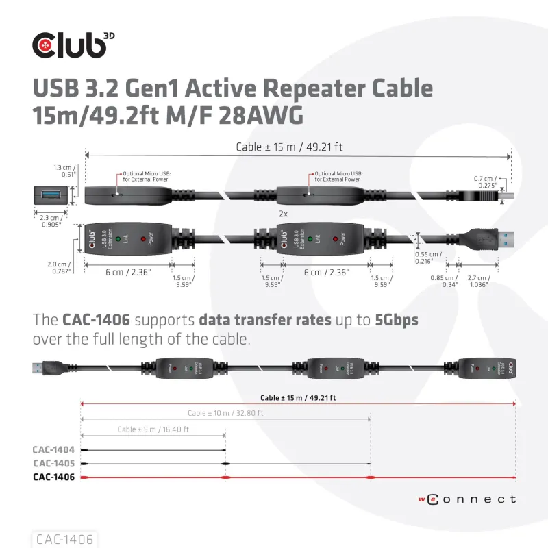 Cable usb3.2 repeater 15m-m-f cac-1406 club3d