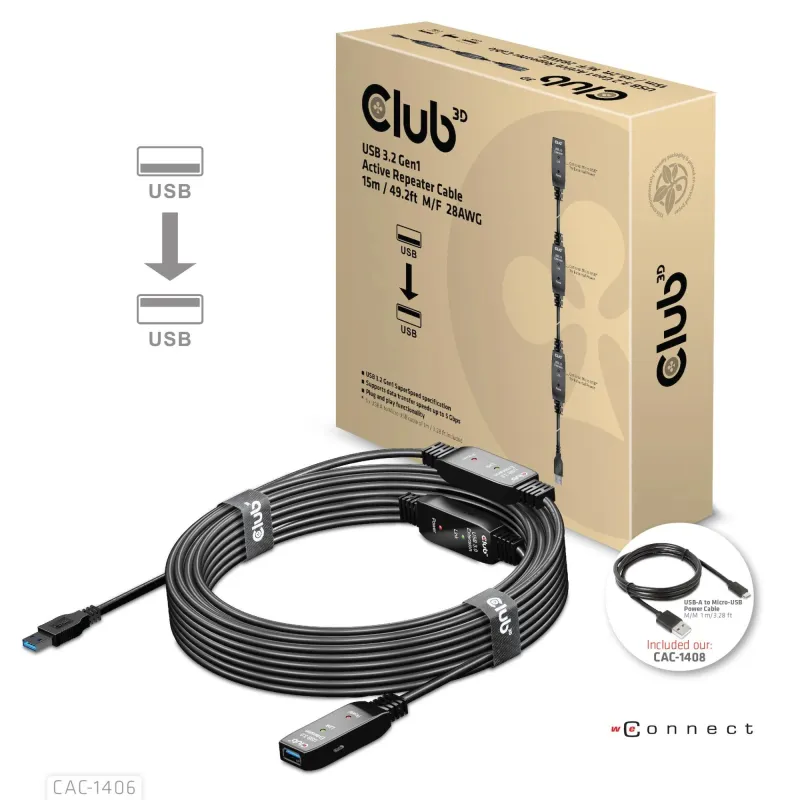 Cable usb3.2 repeater 15m-m-f cac-1406 club3d