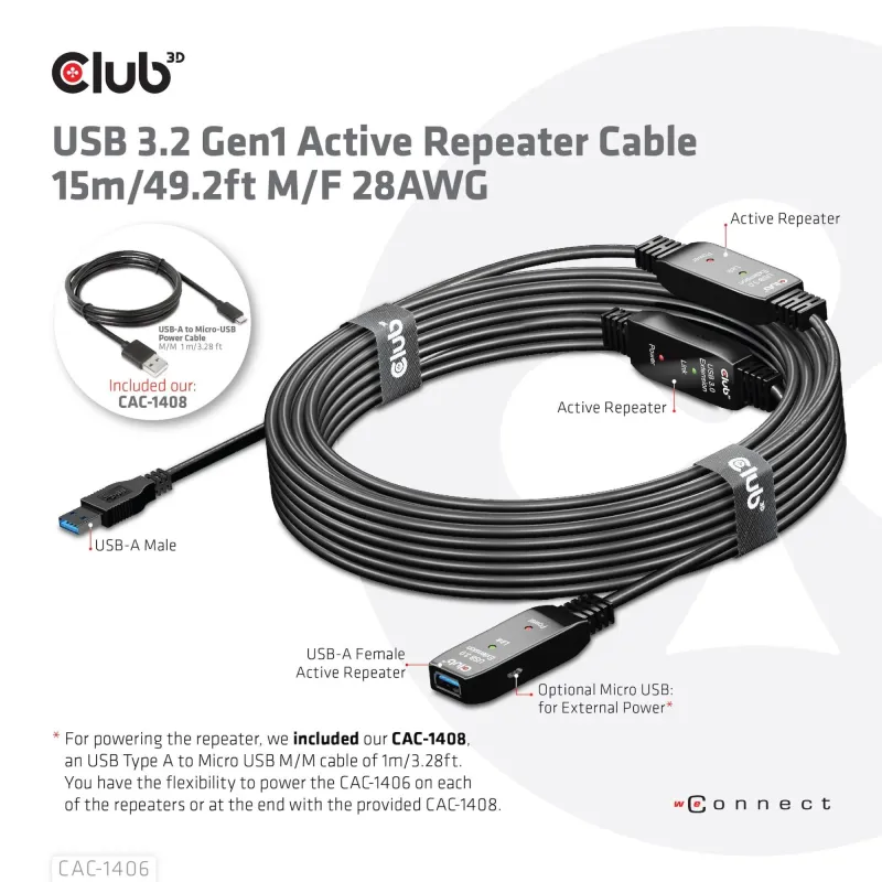 Cable usb3.2 repeater 15m-m-f cac-1406 club3d