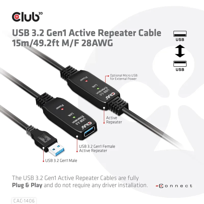 Cable usb3.2 repeater 15m-m-f cac-1406 club3d