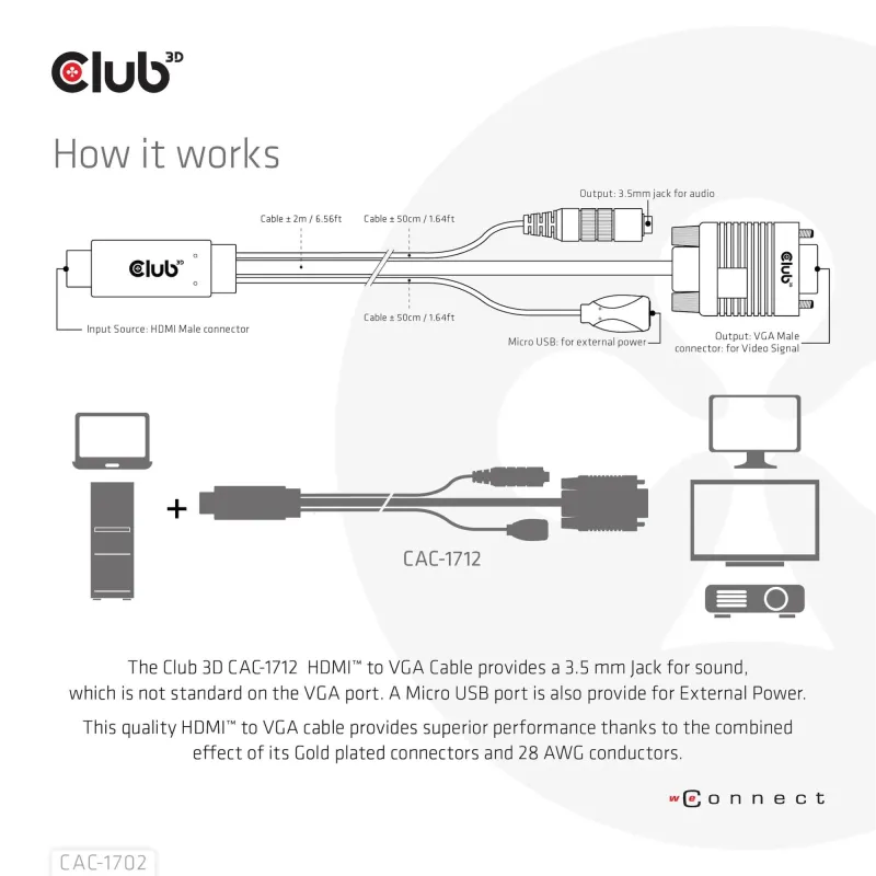 Cable hdmi to vga 2m-m-m cac-1712 club3d