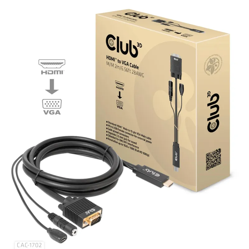 Cable hdmi to vga 2m-m-m cac-1712 club3d