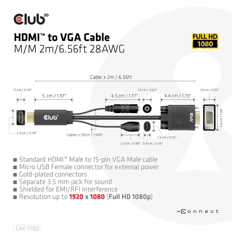 Cable hdmi to vga 2m-m-m cac-1712 club3d
