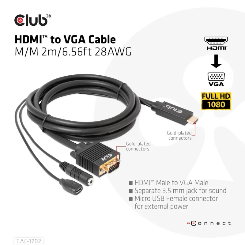 Cable hdmi to vga 2m-m-m cac-1712 club3d