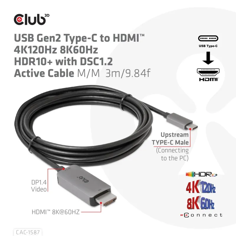 Cable usb-c to hdmi 3m-m-m cac-1587 club3d