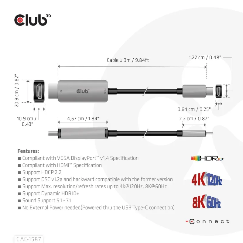 Cable usb-c to hdmi 3m-m-m cac-1587 club3d