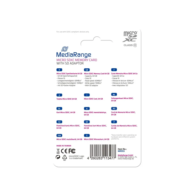 Memory micro sdxc 64gb c10-w-adapter mr955 mediarange