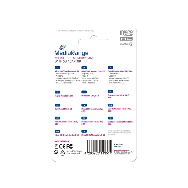 Memory micro sdhc 8gb c10-w-adapter mr957 mediarange