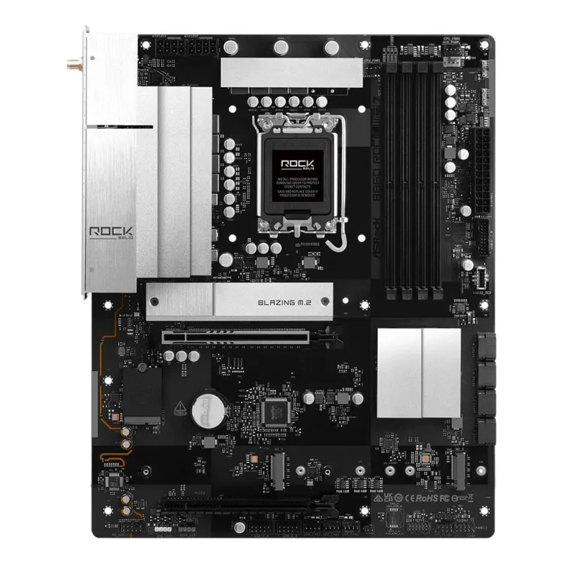 Mainboard-ASROCK-B860 Rock WiFi 7-Intel B860-LGA 1851 ,Socket V1,-ATX-RAM DDR5-SDRAM-4xSlots-Wi-Fi Yes-Bluetooth Yes-3xNumber of