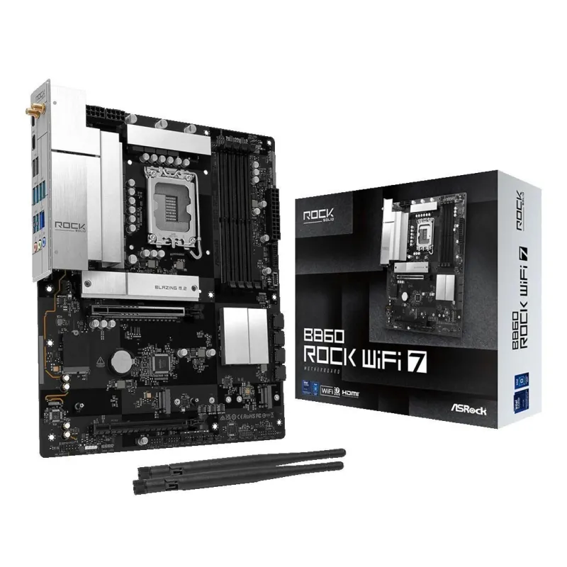 Mainboard-ASROCK-B860 Rock WiFi 7-Intel B860-LGA 1851 ,Socket V1,-ATX-RAM DDR5-SDRAM-4xSlots-Wi-Fi Yes-Bluetooth Yes-3xNumber of