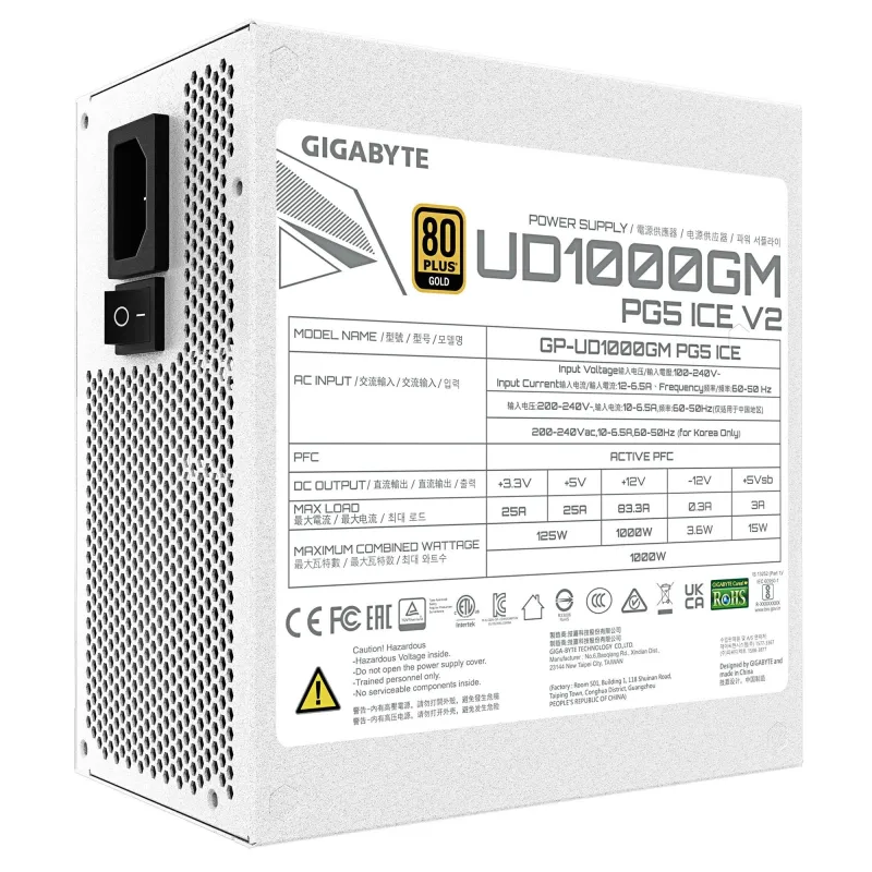 Power Supply-GIGABYTE-UD1000GM PG5 ICE-ATX 3.1-1000 Watts-Efficiency 80 PLUS GOLD-PFC Active-MTBF 100000 hours-GP-UD1000GMPG5ICE