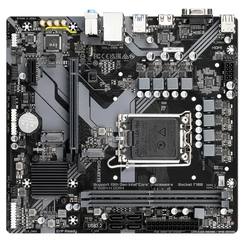 Mainboard-GIGABYTE-Intel B760 Express-LGA1700-Micro-ATX-Memory DDR4-Memory slots 2-1xPCI-Express 3.0 1x-1xPCI-Express 4.0