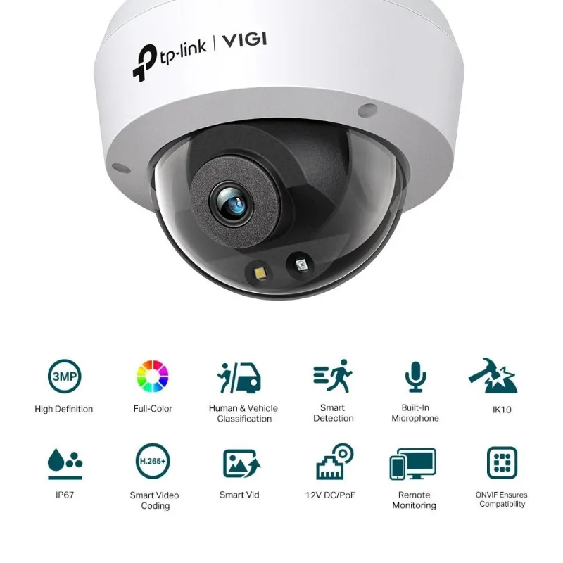 TP-LINK - Full-Color Network Camera - VIGI C230 - Dome - 3 MP - 4mm - IP67, IK10 - H.265+-H.265-H.264+-H.264