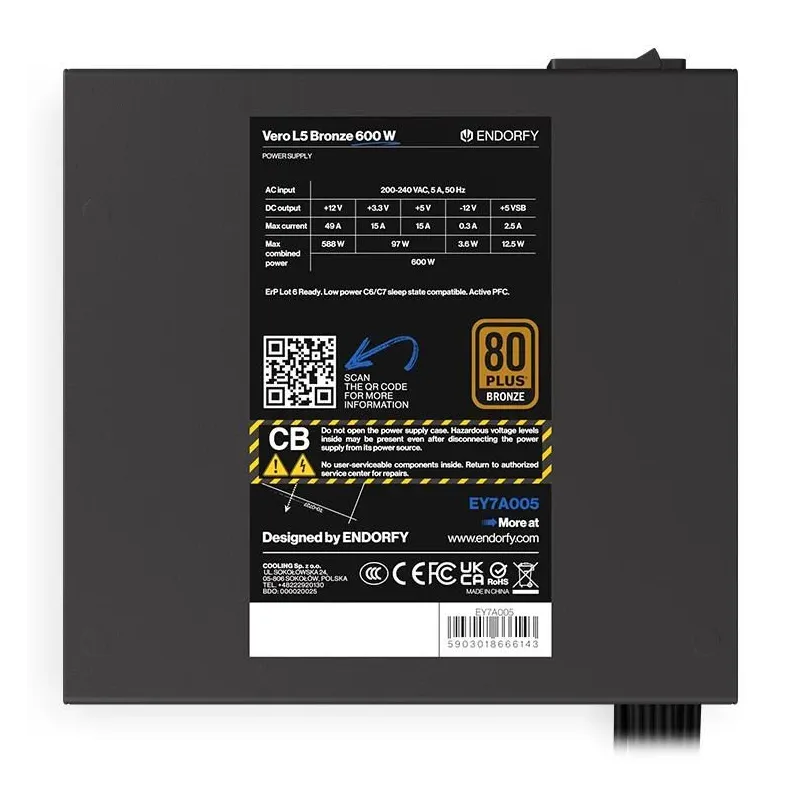 Power Supply-ENDORFY-Vero L5 Bronze 600 W-600 Watts-Efficiency 80 PLUS BRONZE-MTBF 80000 hours-EY7A005