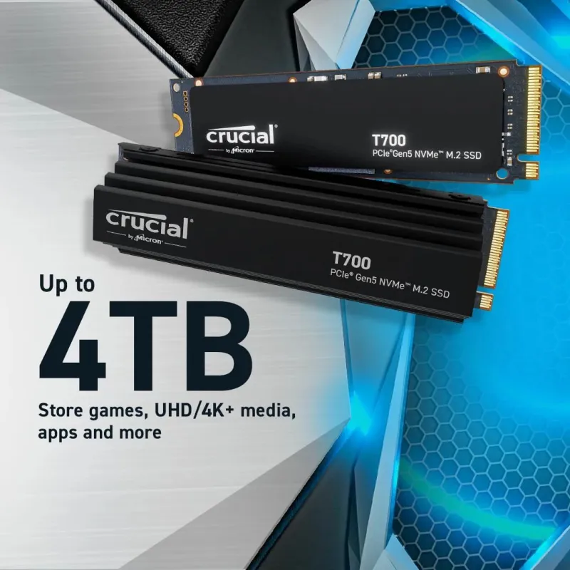SSD-CRUCIAL-T700-4TB-M.2-PCIe Gen5-NVMe-TLC-Write speed 11800 MBytes-sec-Read speed 12400 MBytes-sec-TBW 2400 TB-CT4000T700SSD5