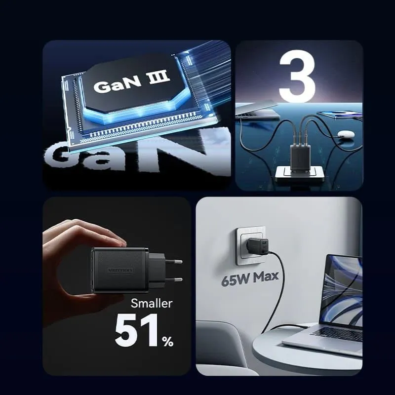 Mobile charger wall 65w usb-3p black ferb0-eu vention