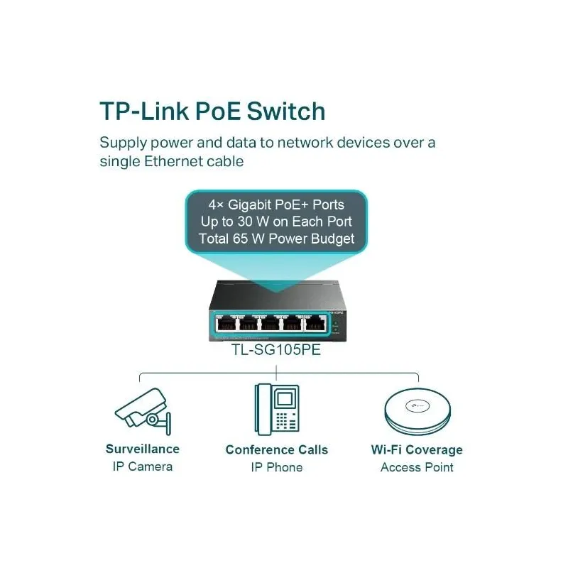 Switch-TP-LINK-Desktop-pedestal-5x10Base-T - 100Base-TX - 1000Base-T-PoE ports 4-TL-SG105PE
