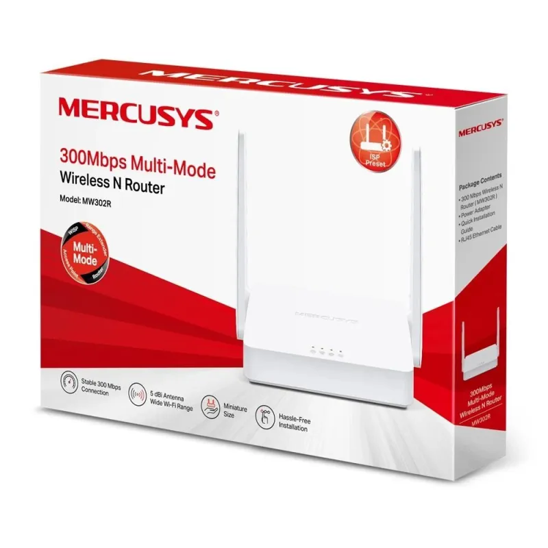 Wireless Router-MERCUSYS-Wi-Fi 4 ,802.11n,-Data speed 300 Mbit-s-Ethernet WAN Yes-WAN connection type RJ-45-Ethernet LAN