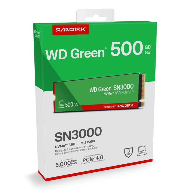 SSD-SANDISK-150xTBW rating-MTBF 1.75 h-NVMe Yes-PCI Express 4.0-M.2-500 GB-POWERED BY SANDISK-Green-WDS500G4G0E