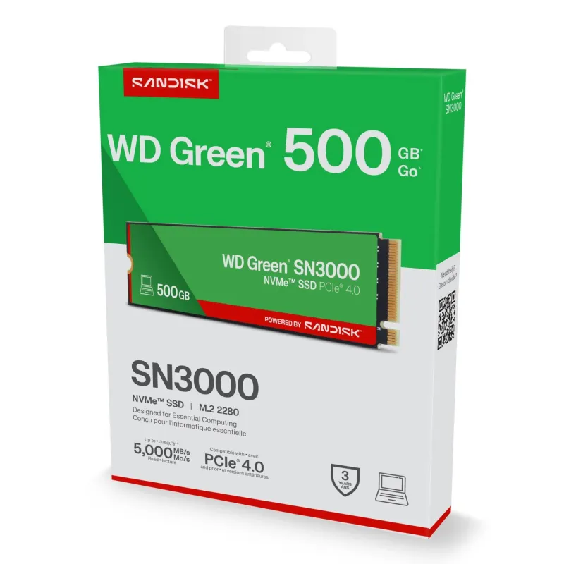 SSD-SANDISK-150xTBW rating-MTBF 1.75 h-NVMe Yes-PCI Express 4.0-M.2-500 GB-POWERED BY SANDISK-Green-WDS500G4G0E