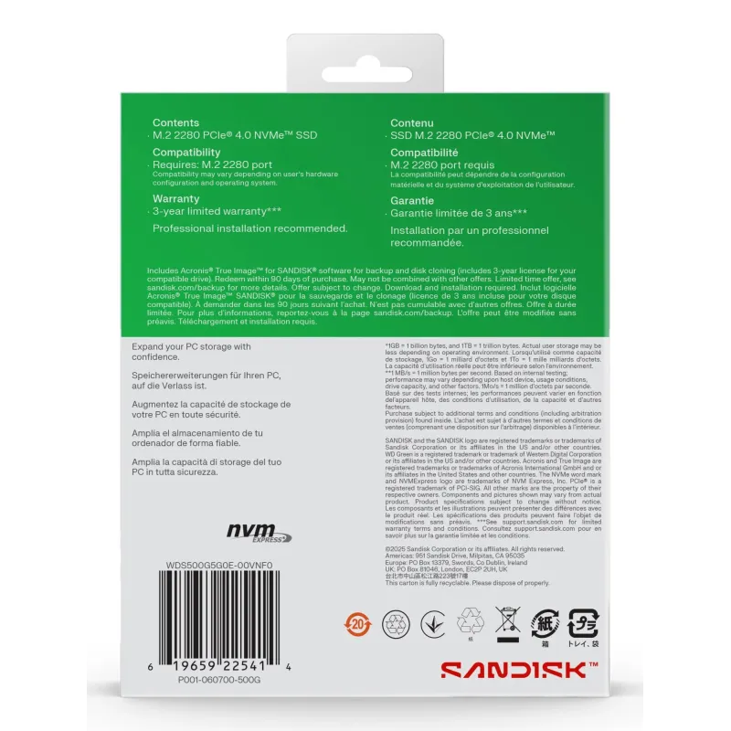 SSD-SANDISK-150xTBW rating-MTBF 1.75 h-NVMe Yes-PCI Express 4.0-M.2-500 GB-POWERED BY SANDISK-Green-WDS500G4G0E