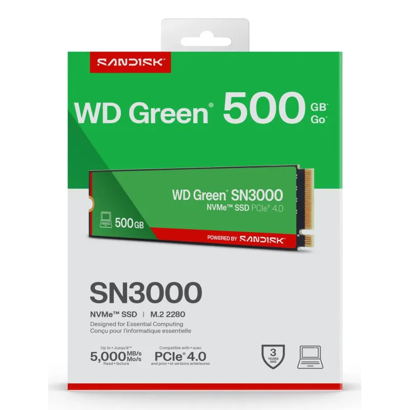 SSD-SANDISK-150xTBW rating-MTBF 1.75 h-NVMe Yes-PCI Express 4.0-M.2-500 GB-POWERED BY SANDISK-Green-WDS500G4G0E