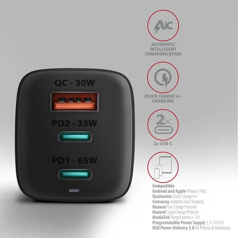 Mobile charger wall usb 65w-gan 3port acu-dpq65 axagon