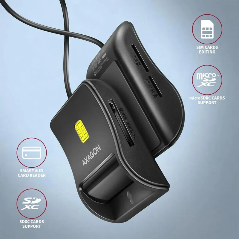 AXAGON Compact desktop USB contact Smart-ID & SD-microSD-SIM card reader with long, USB-A cable - CRE-SM3SD